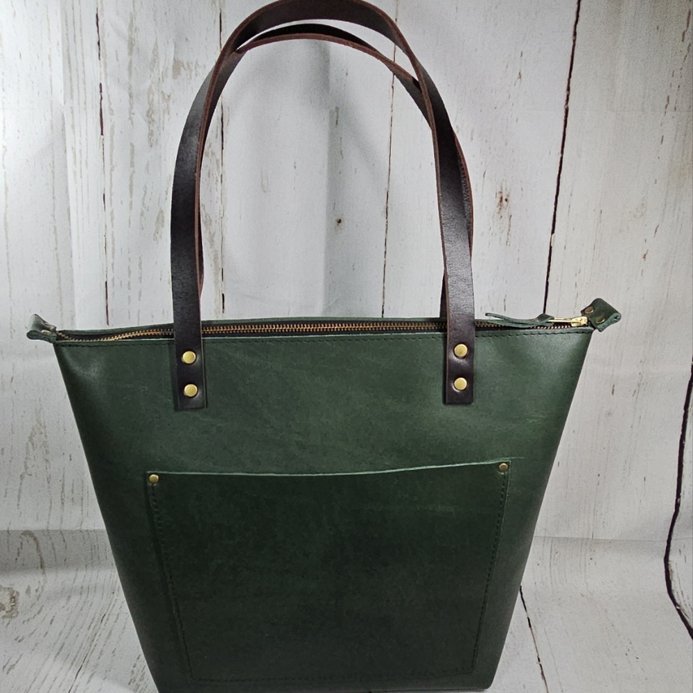 Portland Leather Goods Medium Zip Tote Jade - Unicorn Color Grizzly handles